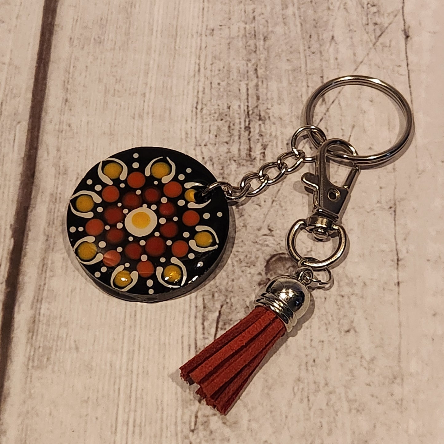 Hand-painted Mandala Keychain Small Red Tassel | Handcrafted Collective