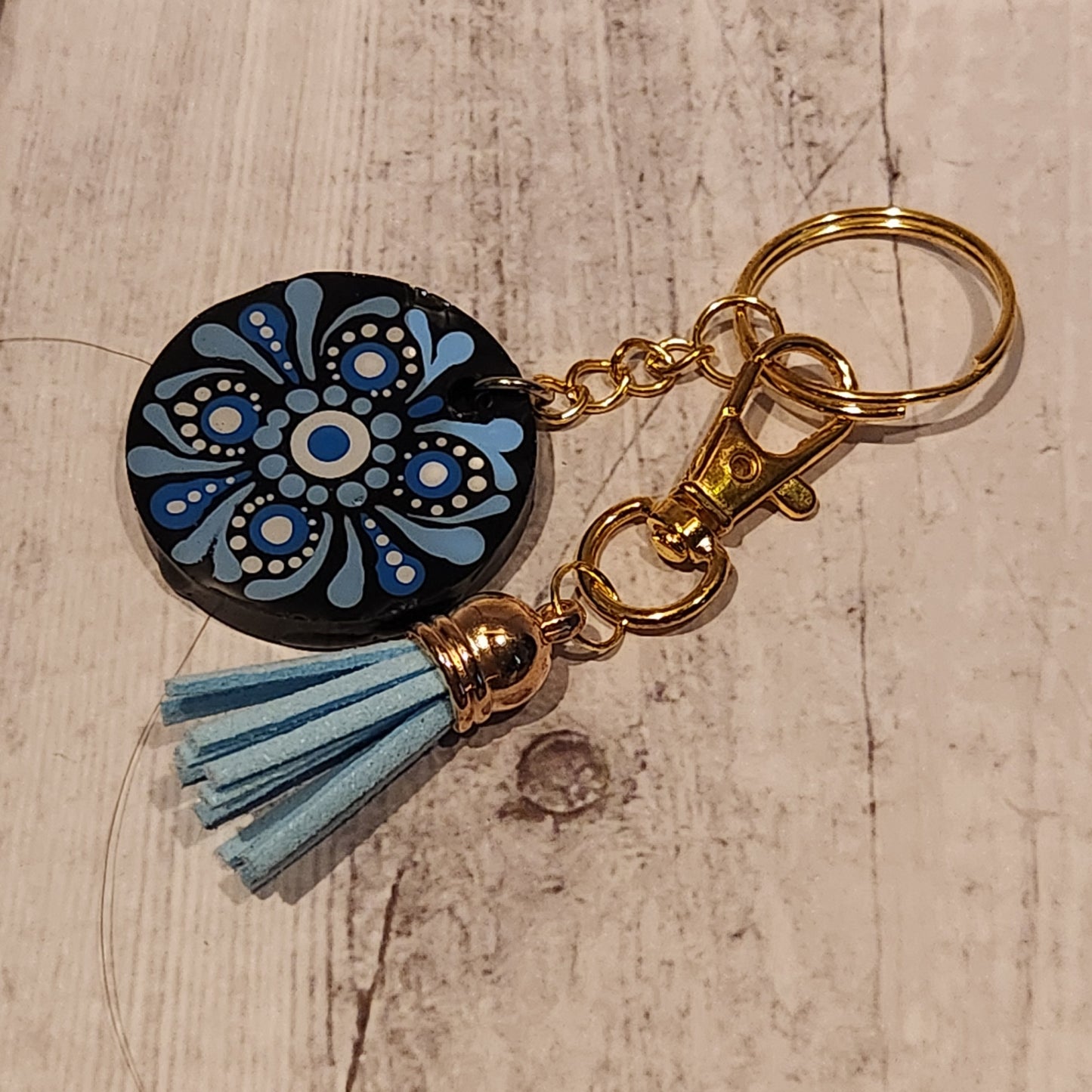 Hand-painted Mandala Keychain Gold Blue Tassel | Handcrafted Collective