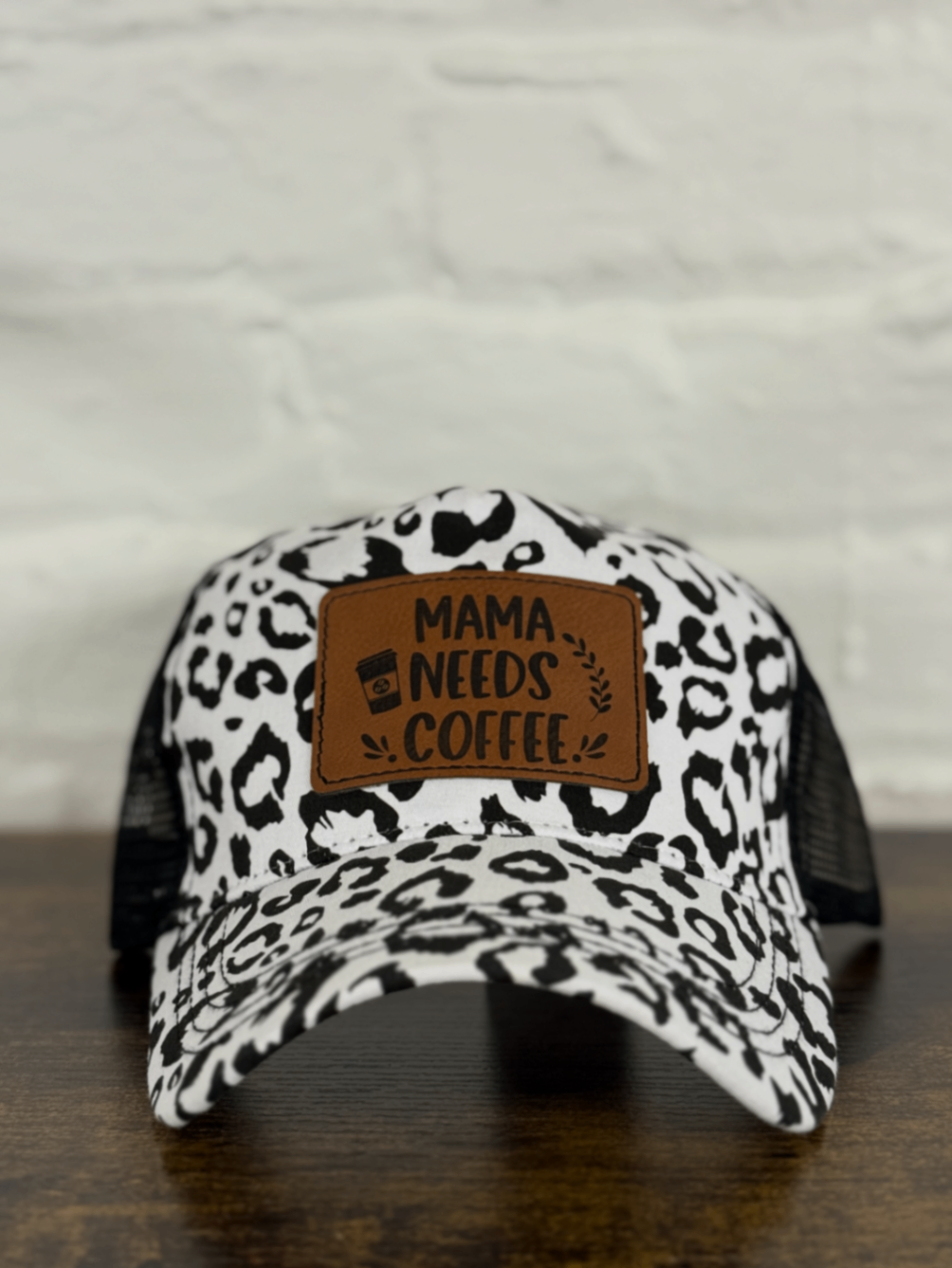 Leopard Print "Mama Needs Coffee" Leather Patch Hat