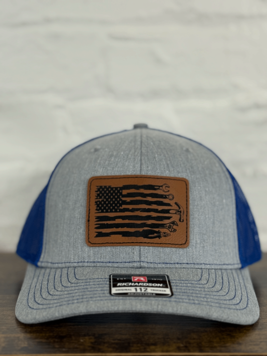 Abstract American Flag Tool Leather Patch Trucker Hat