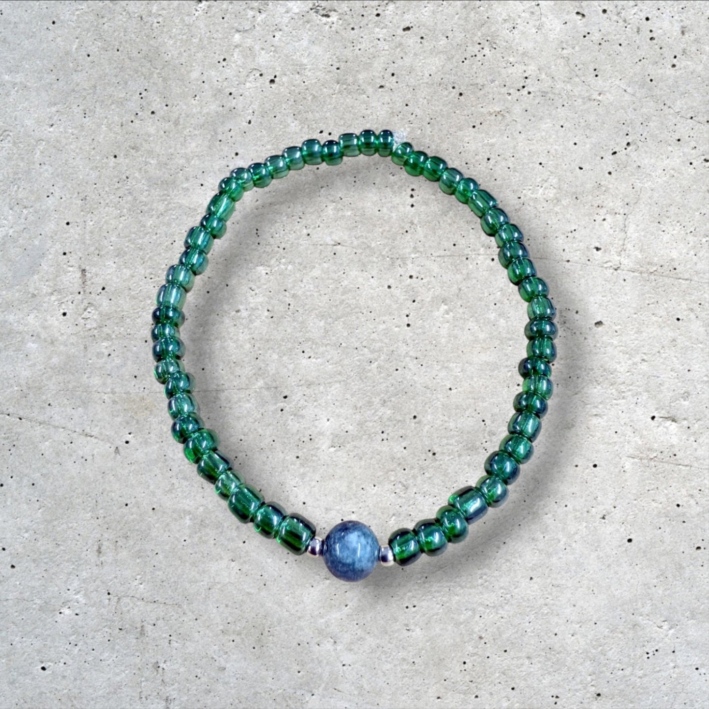 Green Seed Bead Bracelet with Blue Marble Accent