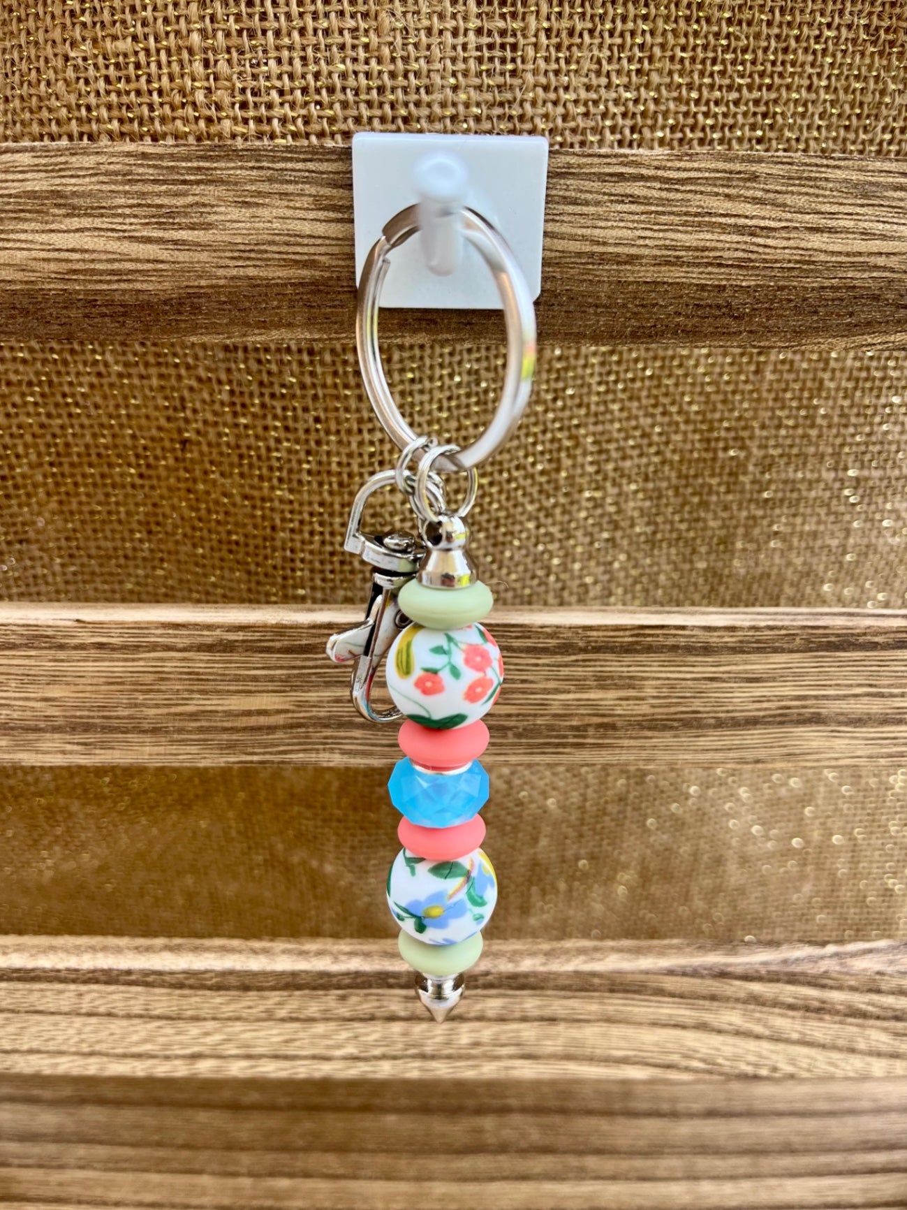 Color Burst Pink and Green Floral Silicone Bead Keychain