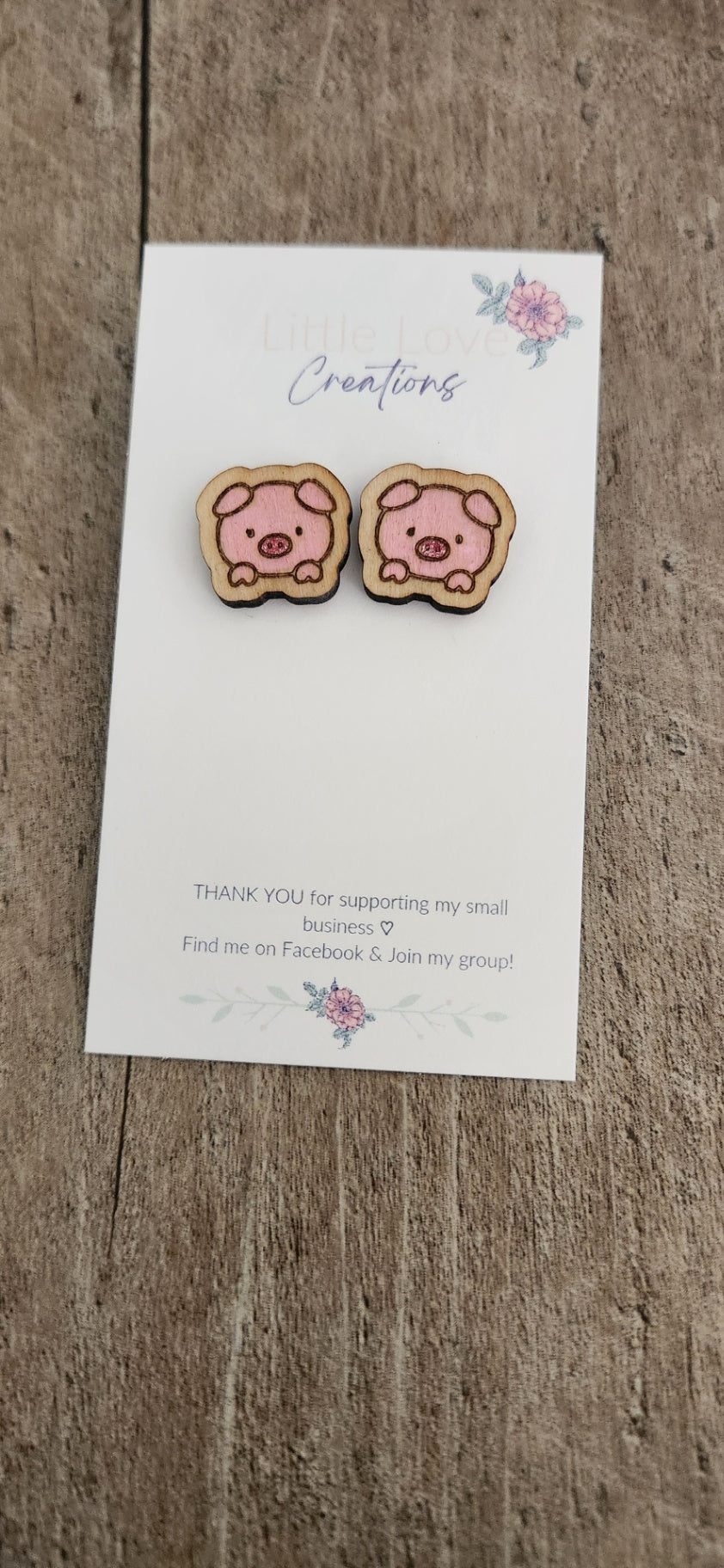 Hand-painted Pig Stud Wood Earrings