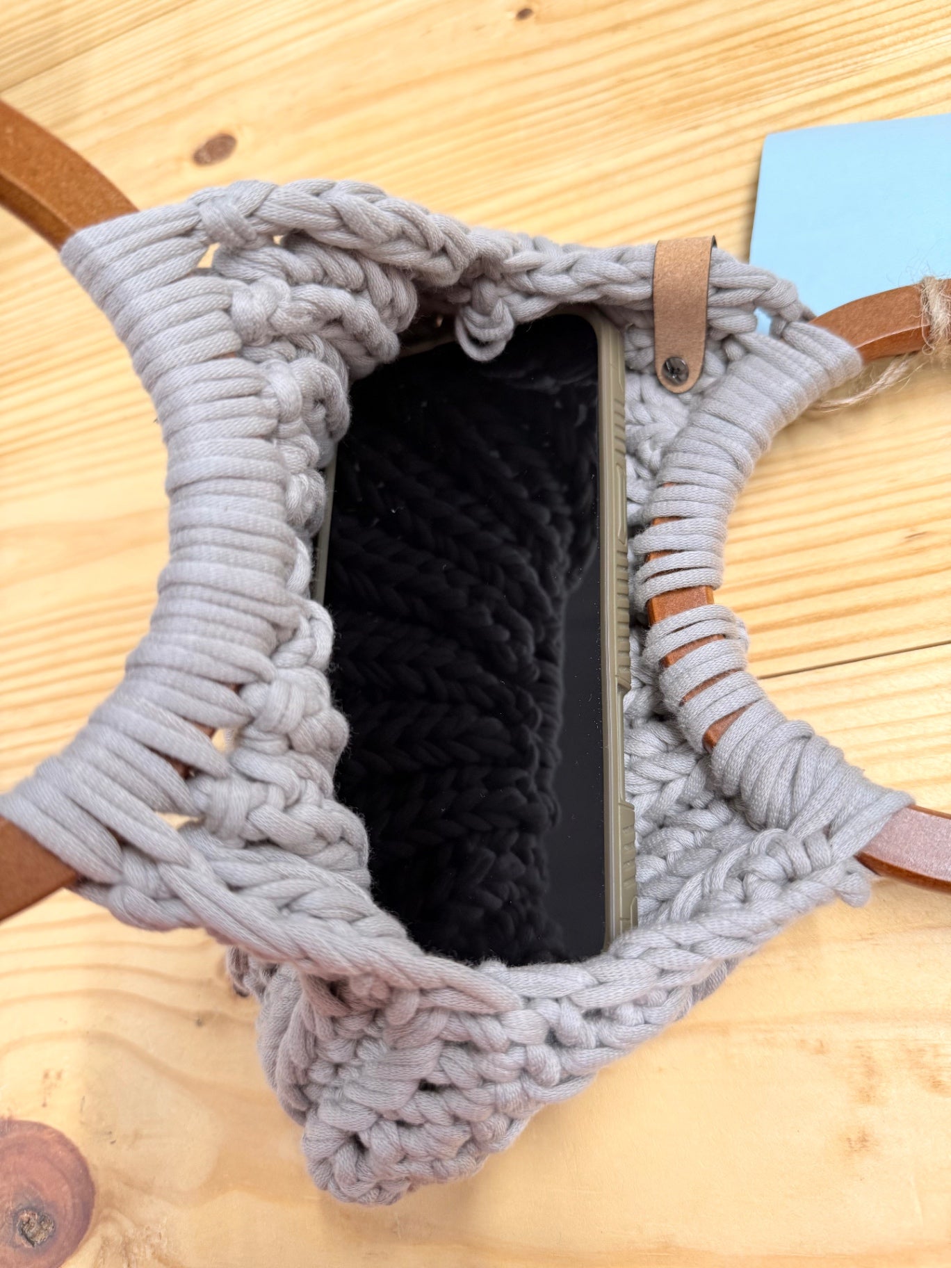 Mini Crochet Round Wood Handle Gray Purse