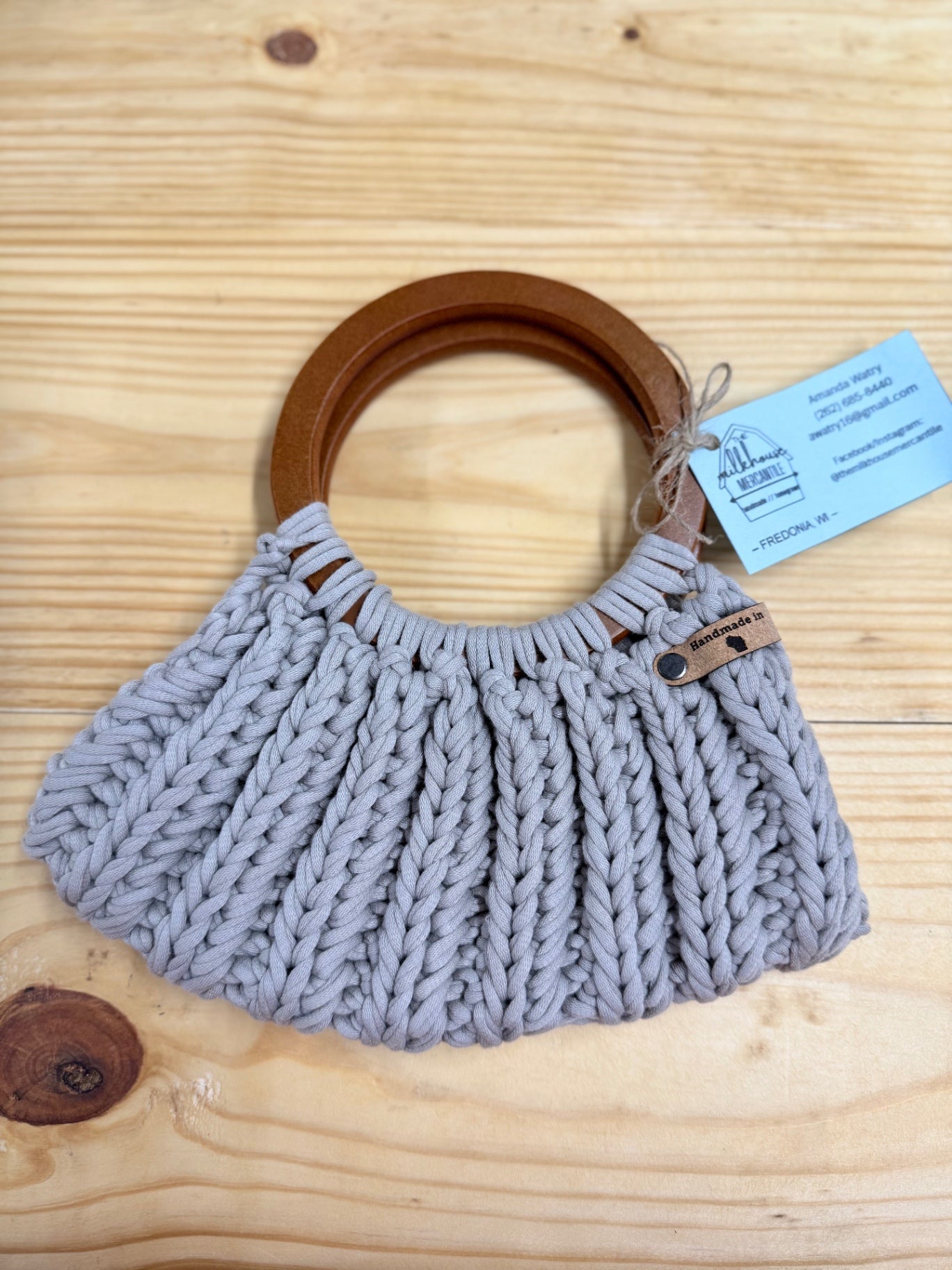 Mini Crochet Round Wood Handle Gray Purse