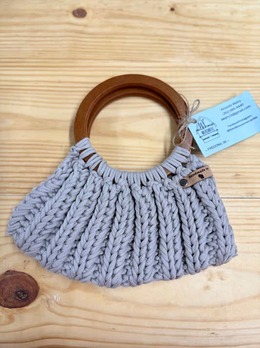 Mini Crochet Round Wood Handle Gray Purse