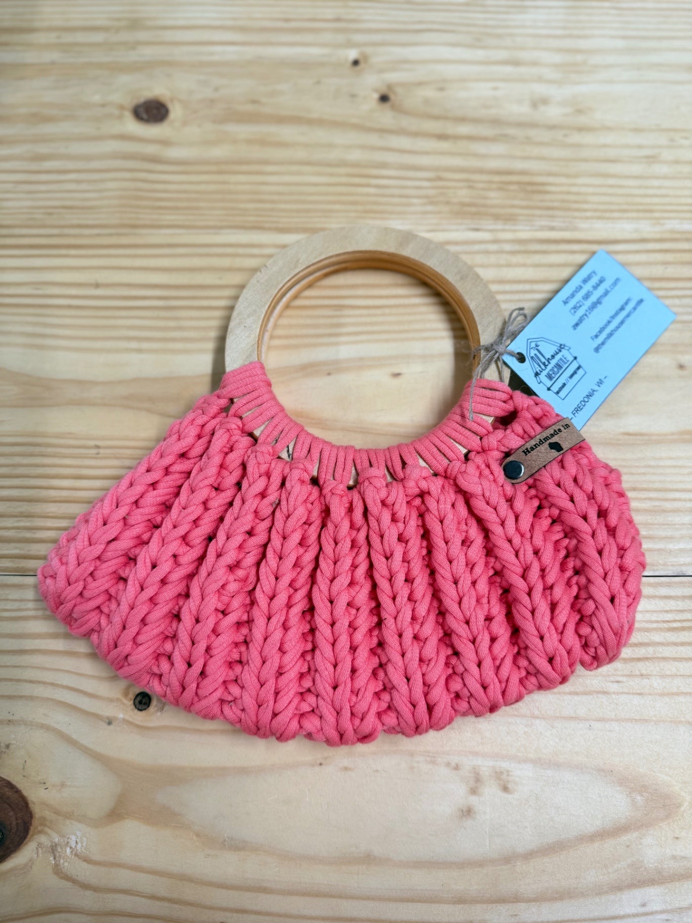 Mini Crochet Round Wood Handle Pink Purse