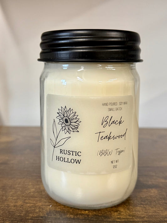 Black Teakwood 12oz Mason Jar Candle