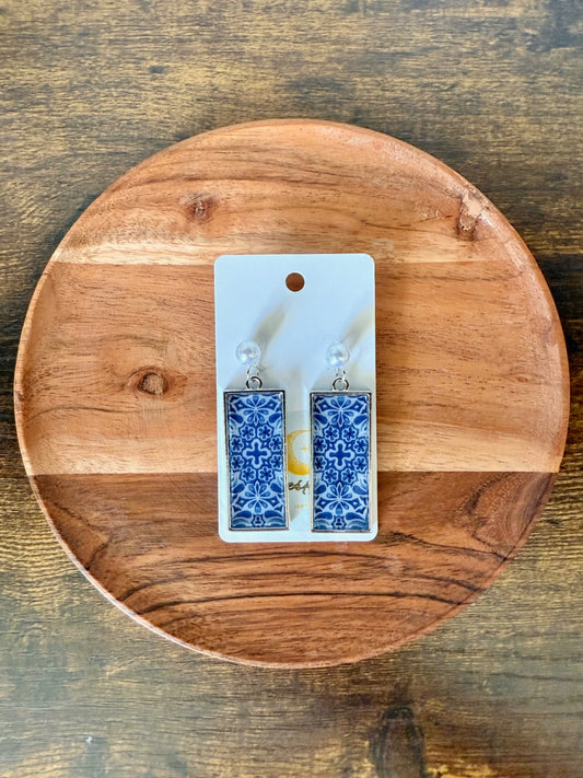 Blue and White Rectangle Resin Dangle Earrings