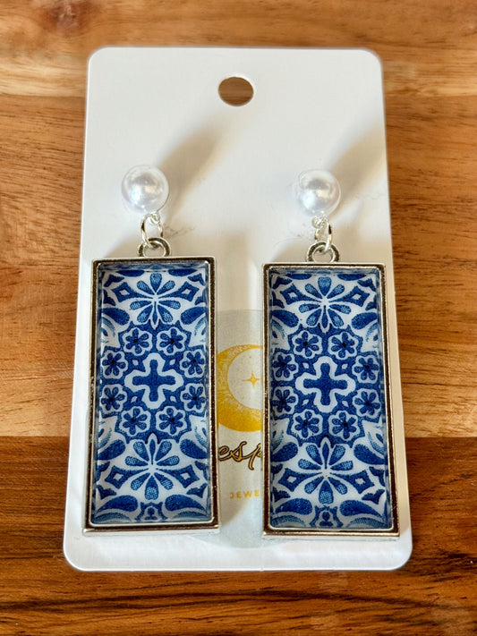 Blue and White Rectangle Resin Dangle Earrings