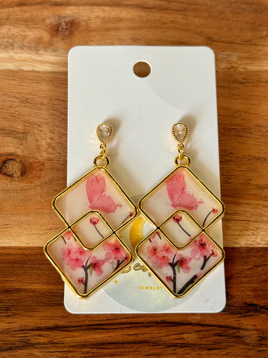 Stacked Floral Butterfly Resin Earrings