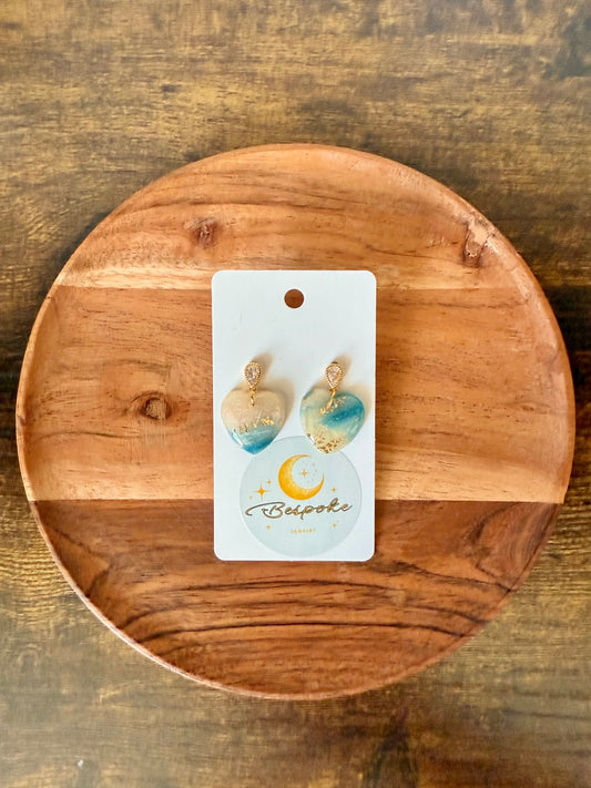 Blue and Gold Flake Heart Clay Earrings