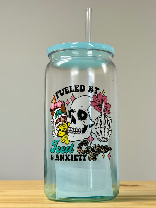 Fueled by Iced Coffee and Anxiety Plastic Reusable Cup with Straw