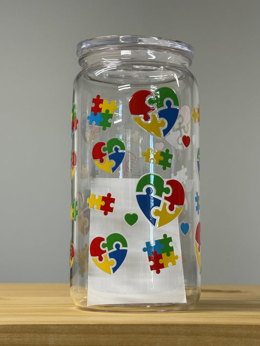 Autism Awareness Glass Reusable Cup with Straw
