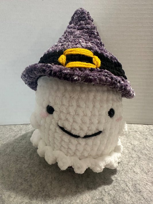 Crochet Plush Ghost with Witch Hat (Purple and Black Hat)