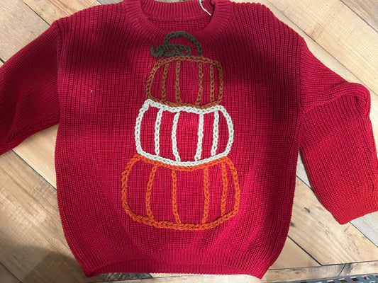 033 - Embroidered Crimson Pumpkin Stack Pull Over Sweater 3T