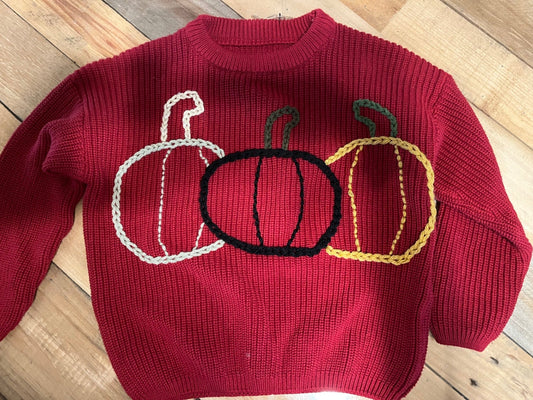 033 - Embroidered Crimson Pumpkin Trio Pull Over Sweater 3T