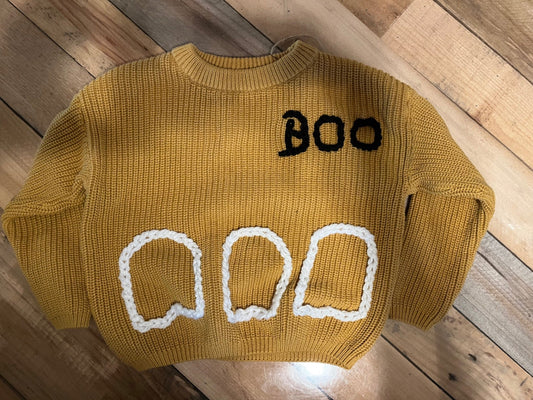 033 - Embroidered Mustard Boo Ghosts Pull Over Sweater 2T