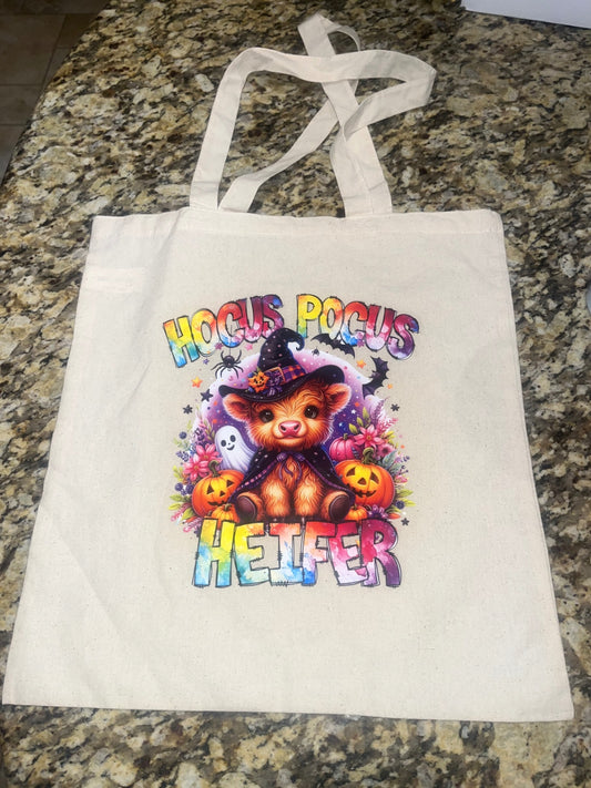 "Hocus Pocus Heifer" Highland Cow Ghost Tote bag