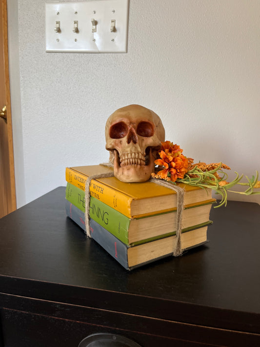Halloween Spooky Skeleton Head Book Stack