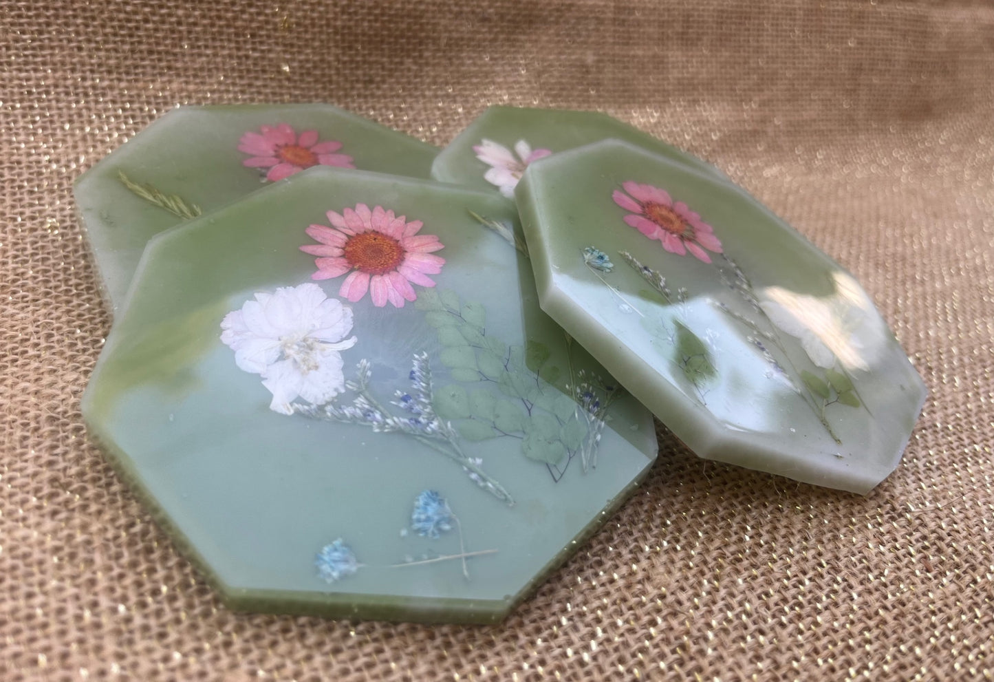 Botanical Sage Green Resin Octagon Coasters