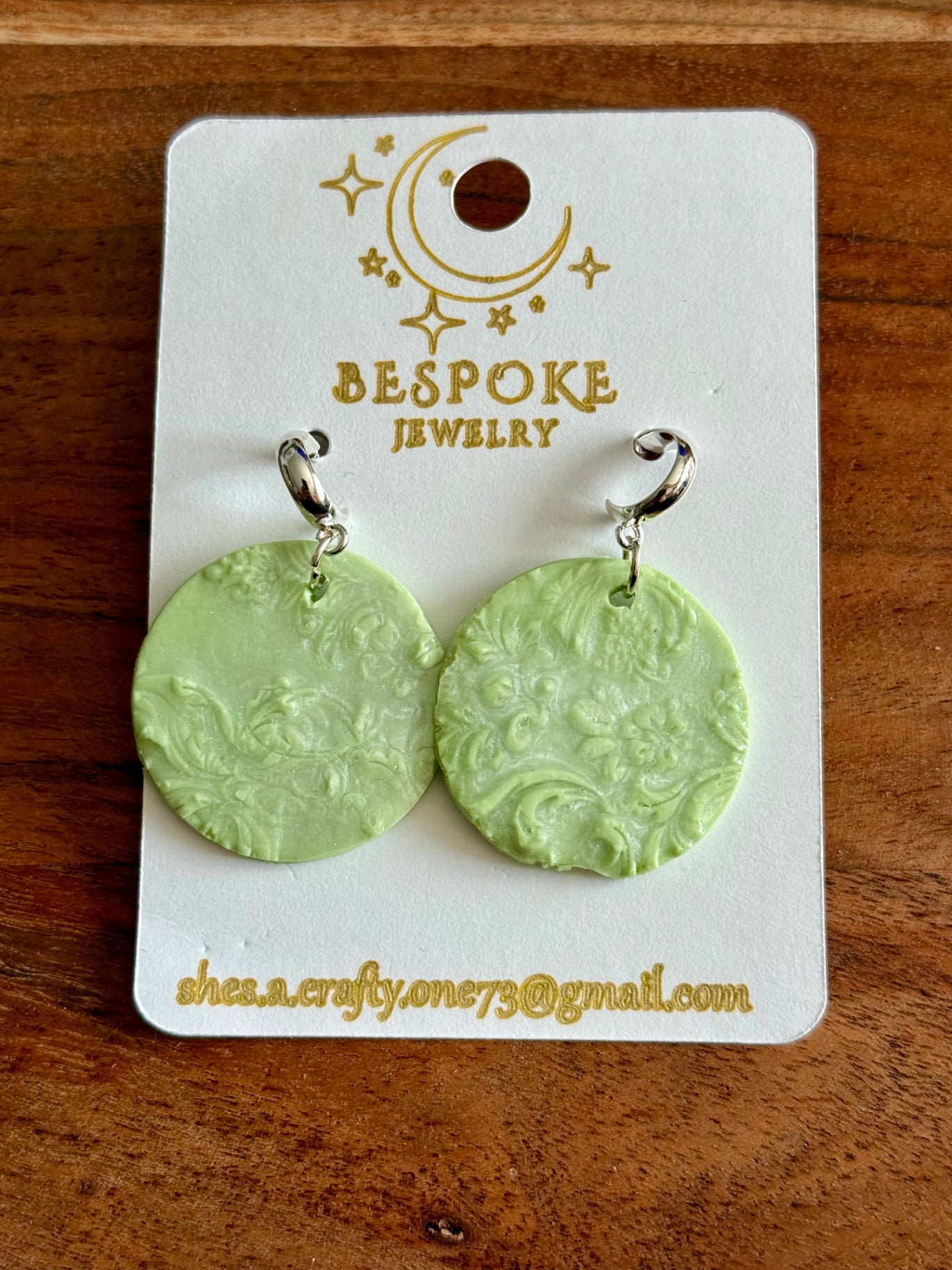 Round Green Embossed Polymer Clay Earrings