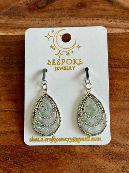 Green Silver Foil Teardrop Polymer Clay Earrings