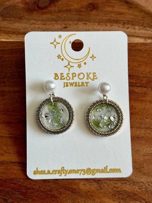Silver Foil Green Round Polymer Clay Earrings