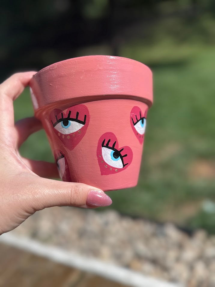 Pink Evil Eye Flower Pot – 4” Terracotta – Hand-Painted