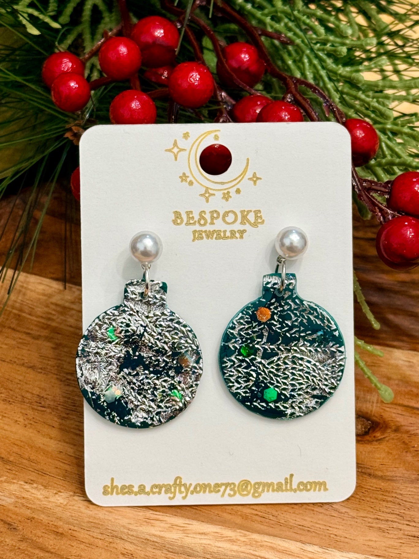 Festive Green Ornament Clay Earrings – Silver Foil, Glitter & Pearl Accent