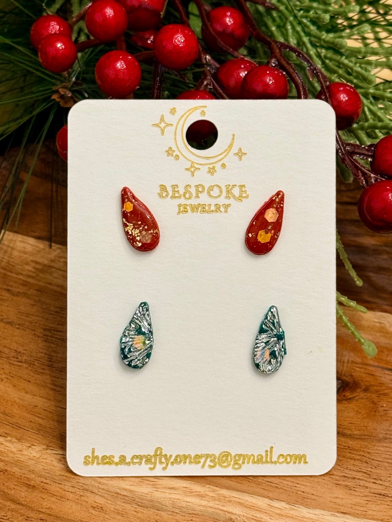 Two Pair Set – Red & Green Glitter Teardrop Polymer Clay Earrings