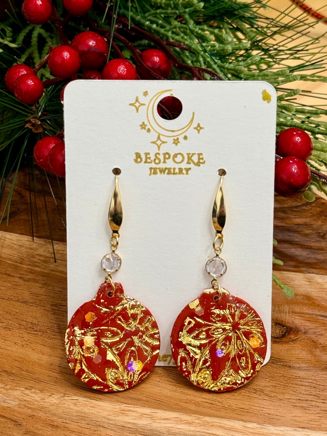 Red Christmas Ornament Polymer Clay Dangle Earrings with Gold Accents