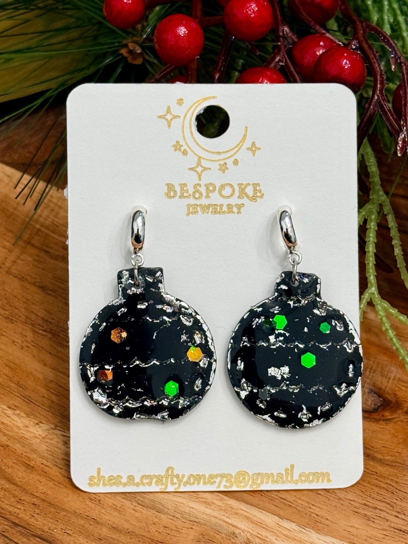 Black Ornament Polymer Clay Earrings with Silver Accents & Glitter