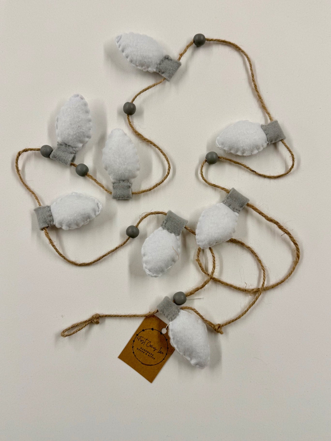 Hand Stitched Felt Christmas White Light Bulb Garland – 60"