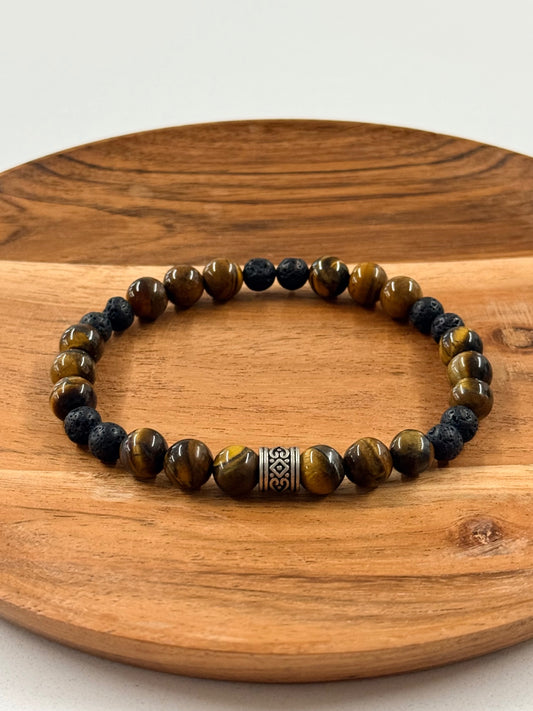 Earthy Glass & Lava Bead Bracelet with Metal Accent – Handcrafted Natural Jewelry