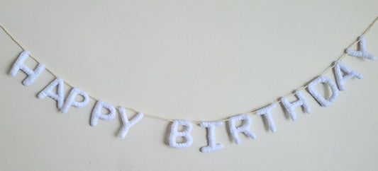 047 - Hand stitched "HAPPY BIRTHDAY" white felt garland, 60"