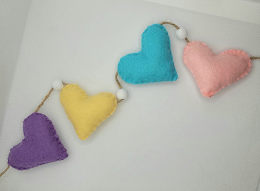 047 - Pastel Multicolor Heart Felt Garland, Hand-stitched 60"