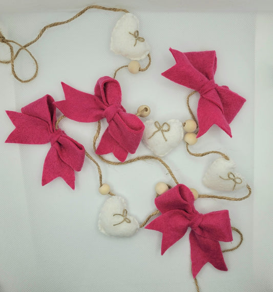047 - Pink Bow and White Heart Felt Garland Hand-stitched 60in