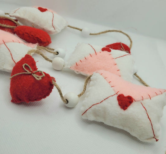 047 - Valentine Love Letter with Hearts Felt Garland, Hand-stitched 60"