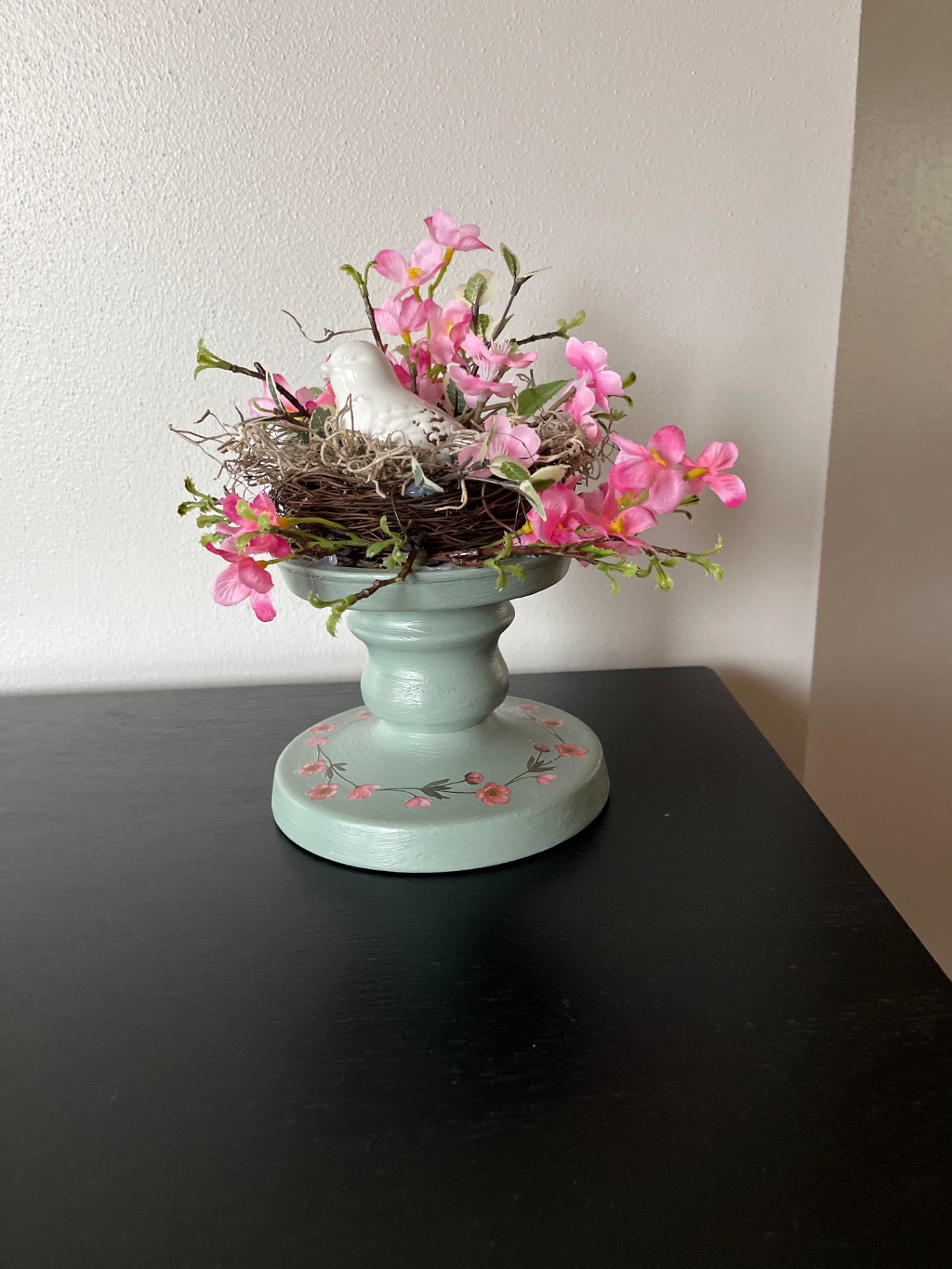 Repurposed Sage Green Candle Stand with Spring Florals and Bird’s Nest