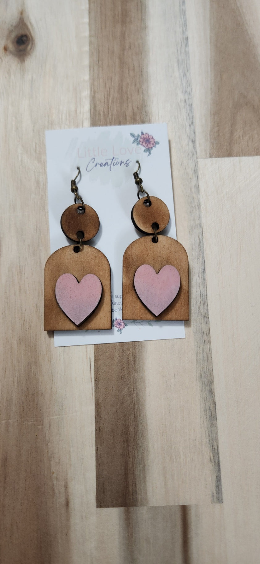 011 - Distressed Pink Heart Wooden Dangle Earrings