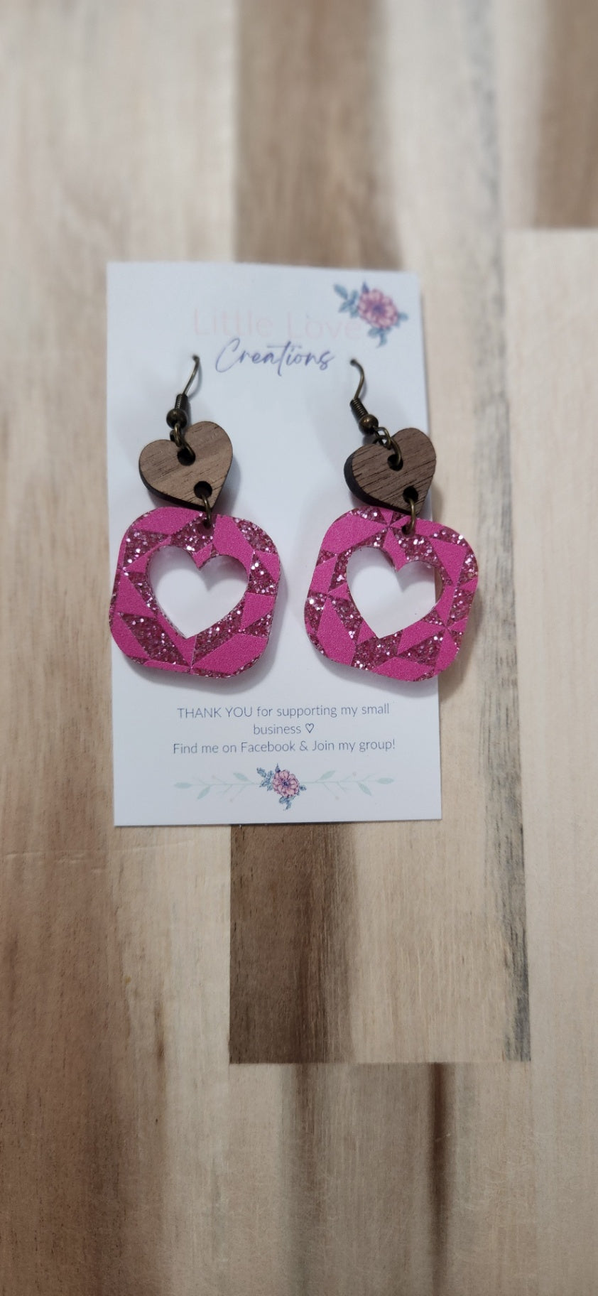 011 - Geometric Pink Glitter Acrylic Heart Cutout Dangle Earrings