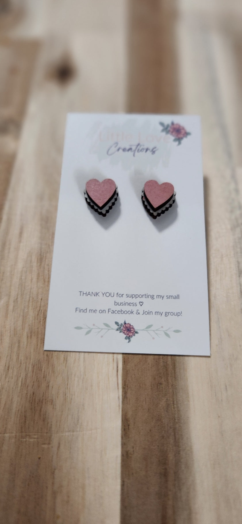 011 - Layered Pink and White Wooden Scalloped Heart Stud Earrings