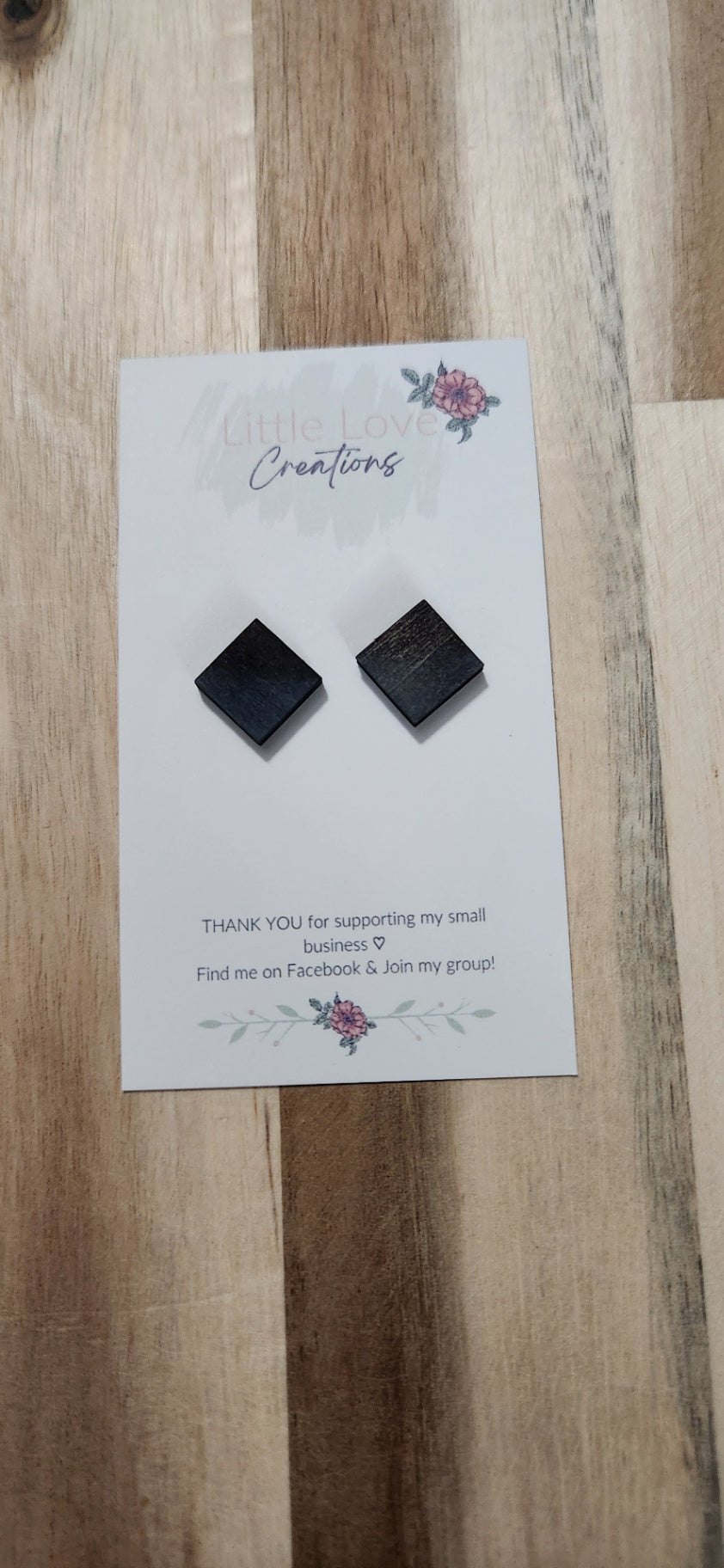 011 - Black Distressed Diamond Wooden Stud Earrings