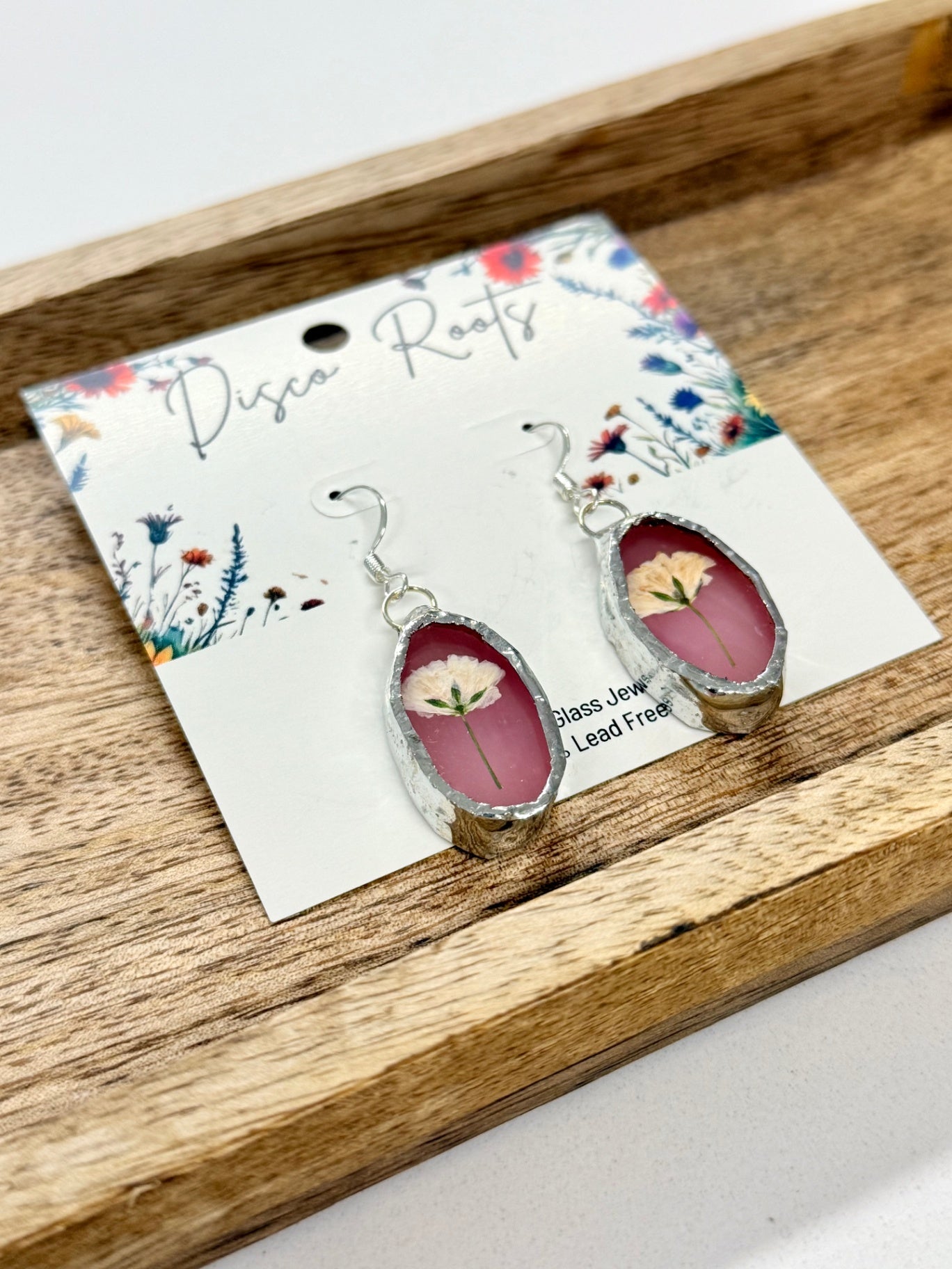 057 - Handmade Mauve Stained Glass Pressed Flower Earrings – Nickel Free
