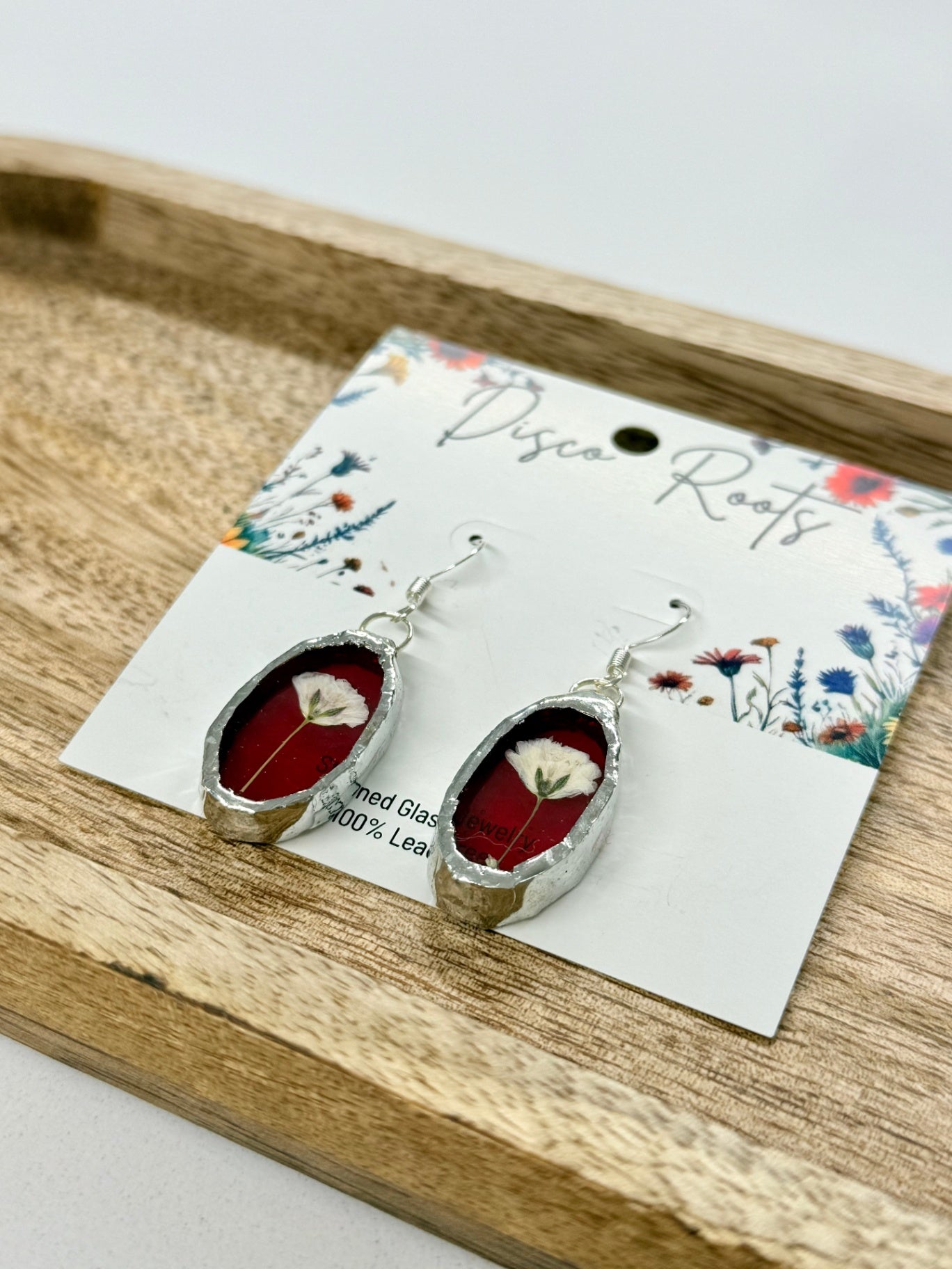 057 - Handmade Red Stained Glass Pressed Flower Earrings – Nickel Free