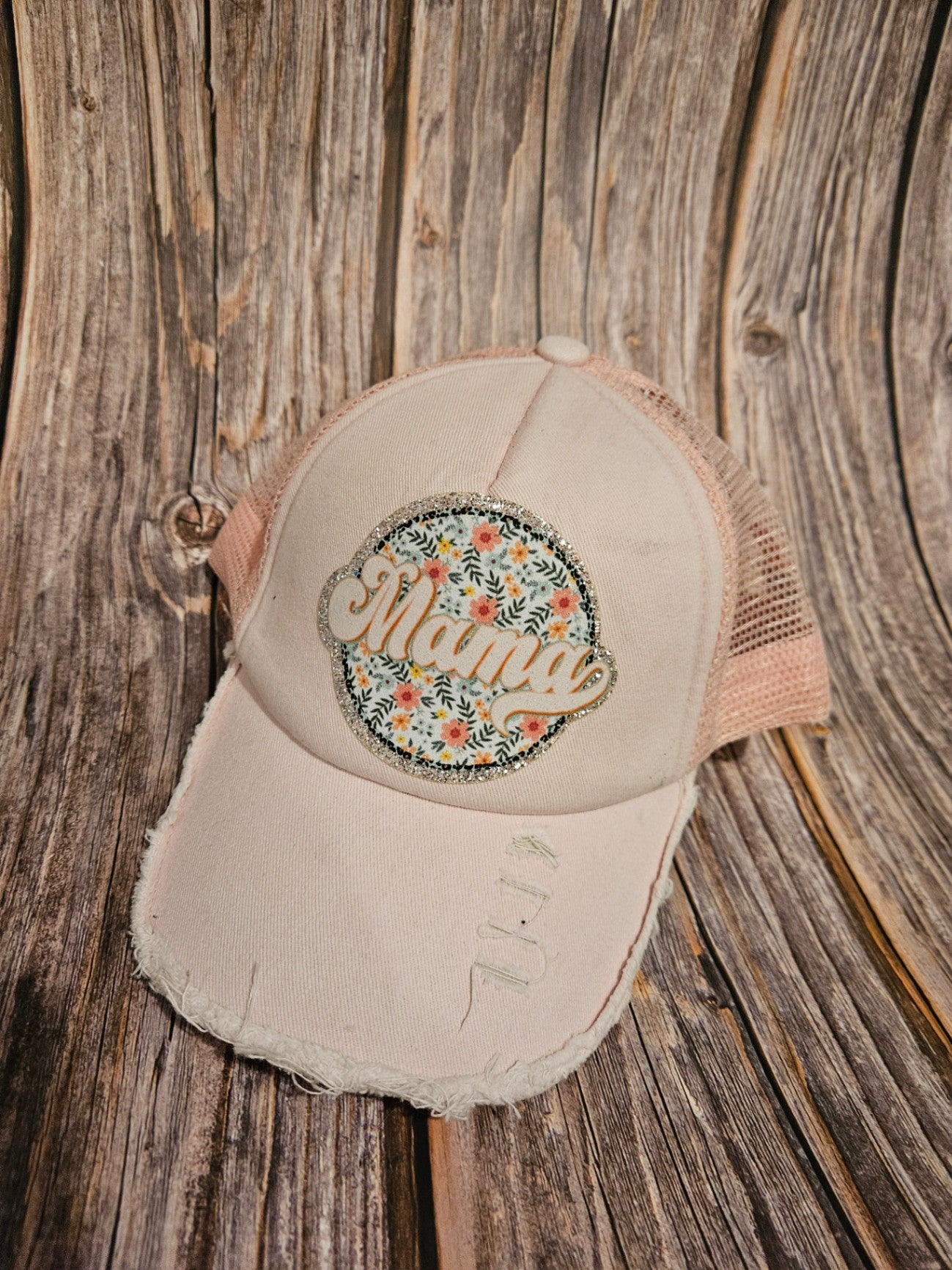 016 - Cream and Pink Floral "Mama" Distressed Ball Cap Hat
