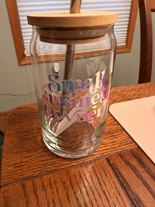 059 - Small Business Owner Glass Cup with Straw