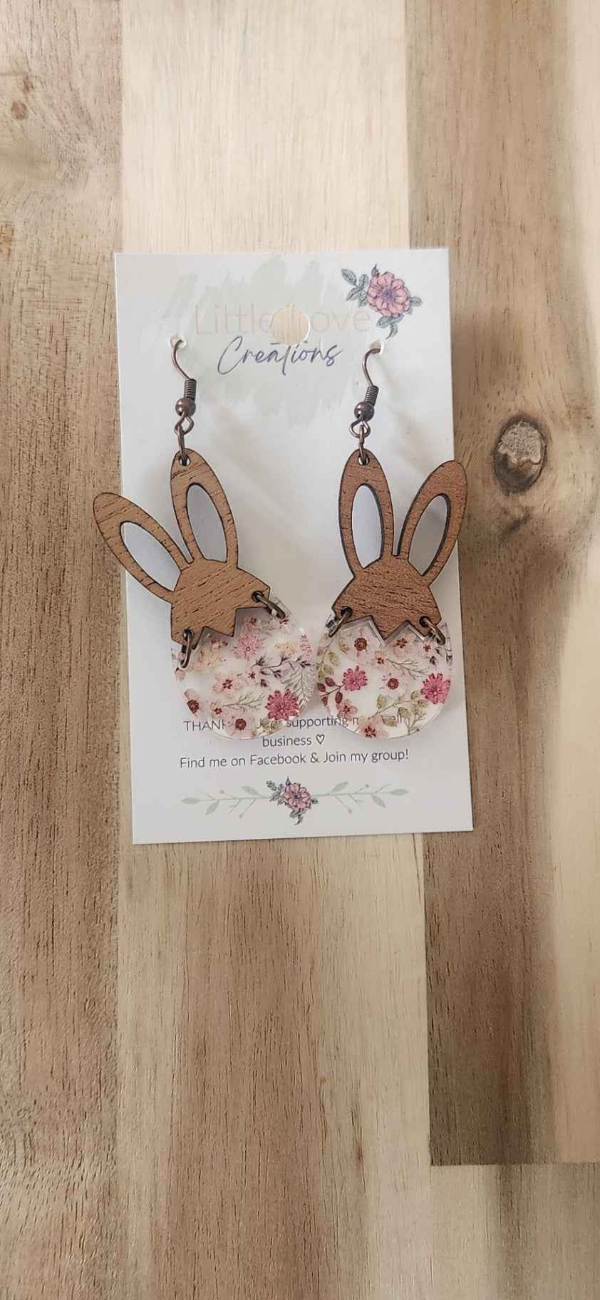 011 - Wooden Bunny Ear & Acrylic Floral Egg Dangle Earrings