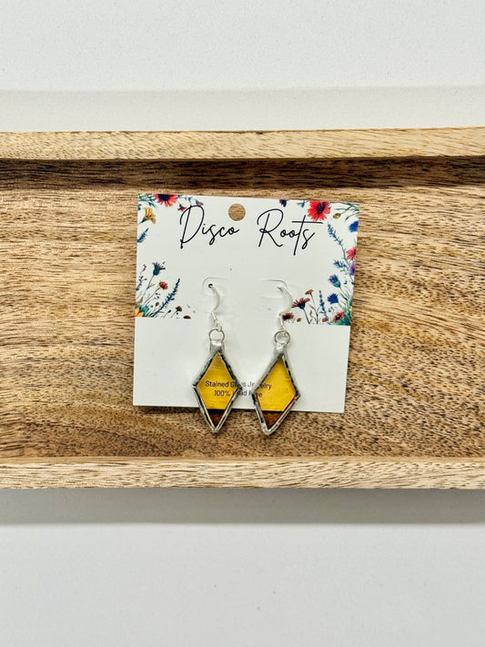 057 - Handmade Yellow Stained Glass Diamond Dangle Earrings – Nickel Free